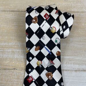 Lord & Taylor Men's Tie 100% Silk Black/White Checkered Sports Equipment 50” x 3